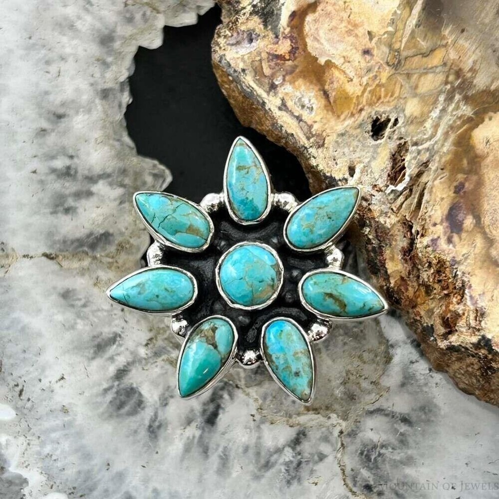 Sterling Silver Southwestern Style Mohave Turquoise Cluster Ring Sz 7 For Women